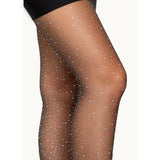 Close-up side view of black sheer rhinestone tights - Golddiggers Boutique