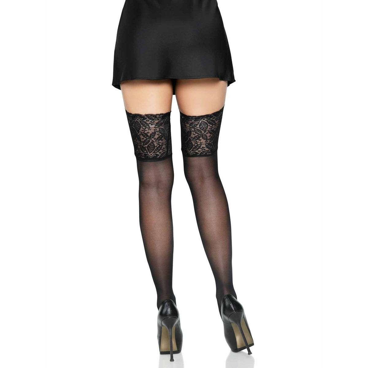 Back view of black sheer stay-up thigh highs with wide lace top - Golddiggers Boutique