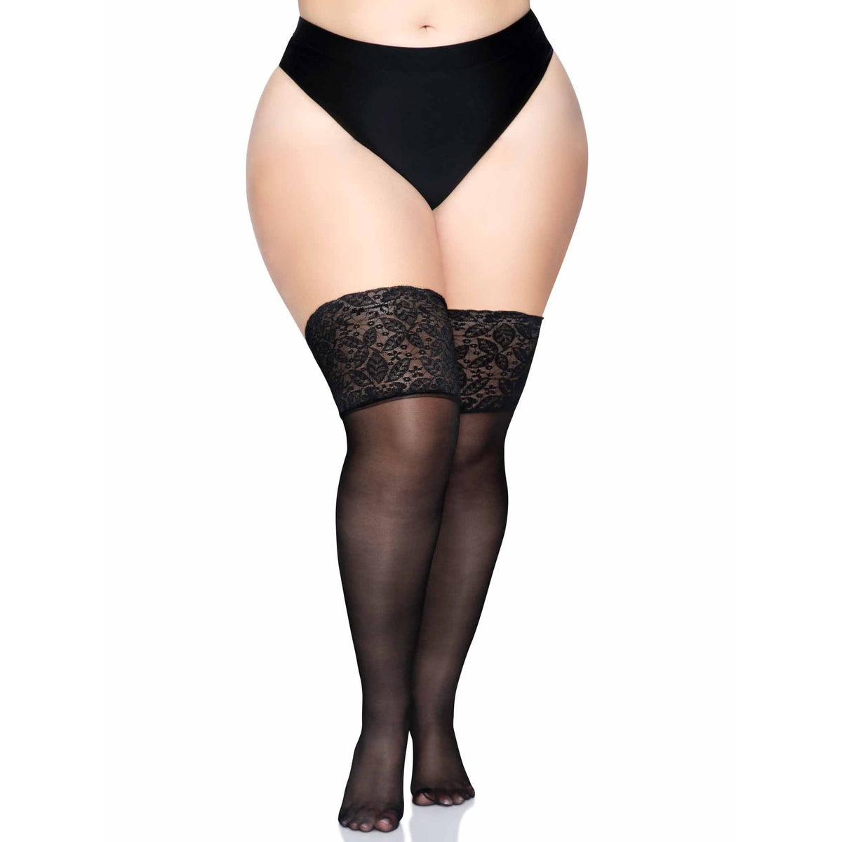 Front view of black sheer stay-up thigh highs with wide lace top in plus size - Golddiggers Boutique