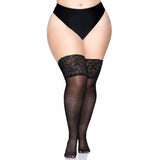 Front view of black sheer stay-up thigh highs with wide lace top in plus size - Golddiggers Boutique