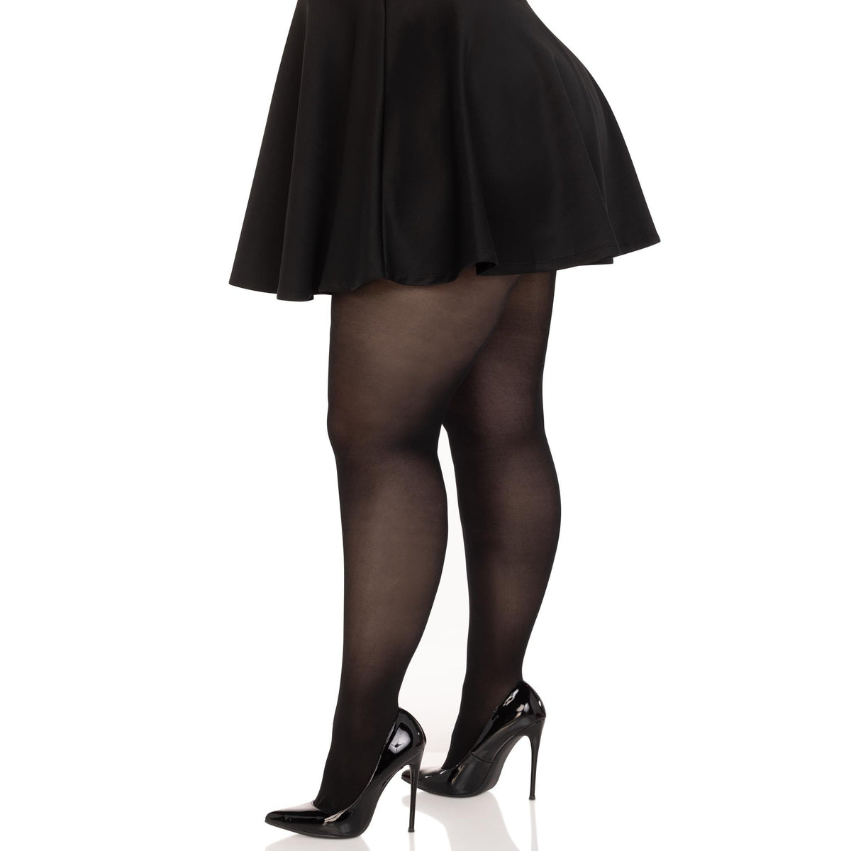 Side view of black sheer to waist tights with cotton crotch in plus size - Golddiggers Boutique