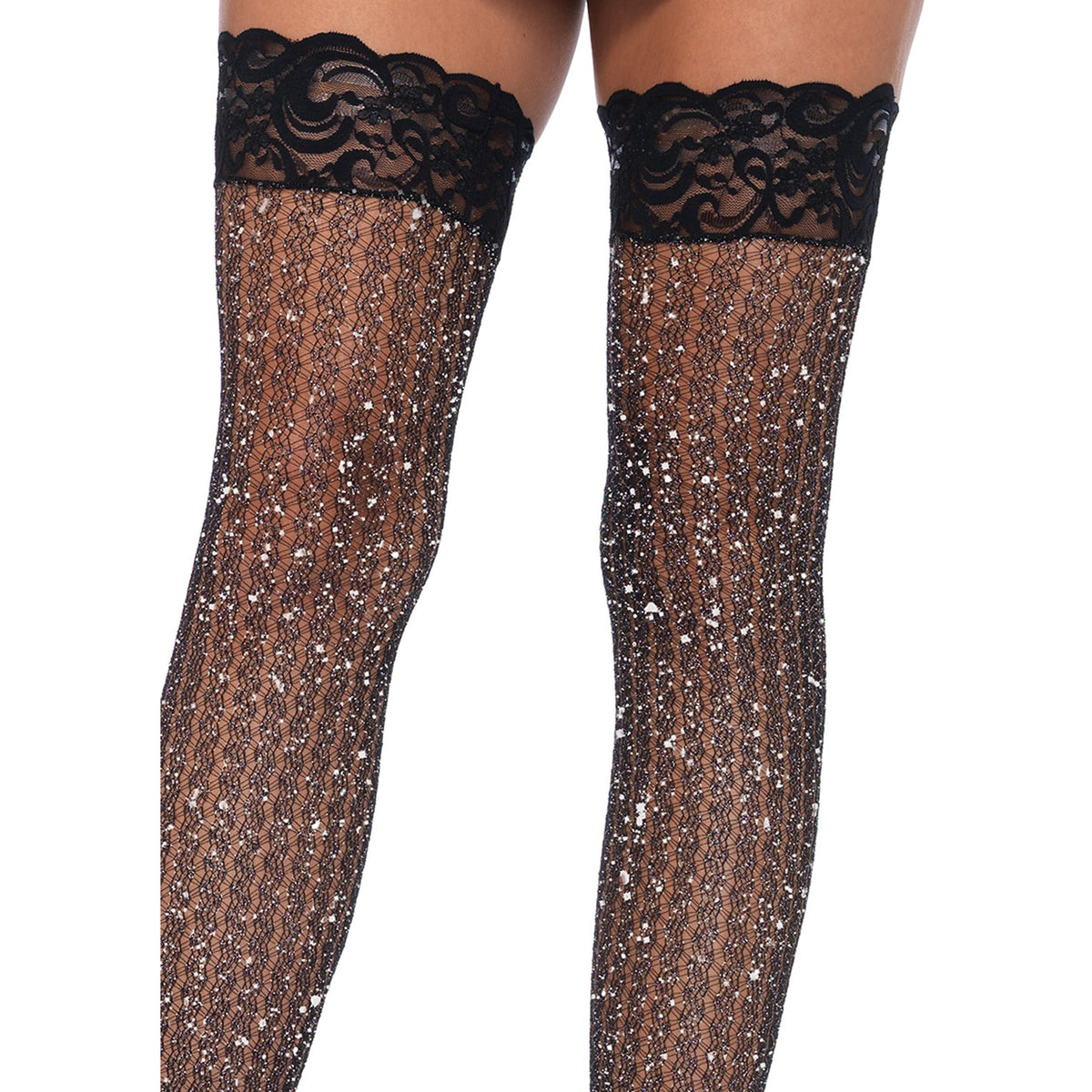 Close-up front view of black shimmer cable net lace top thigh highs - Golddiggers Boutique