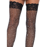 Close-up front view of black shimmer cable net lace top thigh highs - Golddiggers Boutique