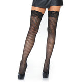 Front view of black shimmer cable net lace top thigh highs - Golddiggers Boutique