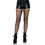 Front view of black shredded double layer fishnet tights - Golddiggers Boutique