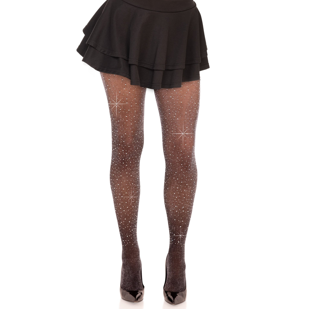 Front view of black & silver shimmer rhinestone tights - Golddiggers Boutique