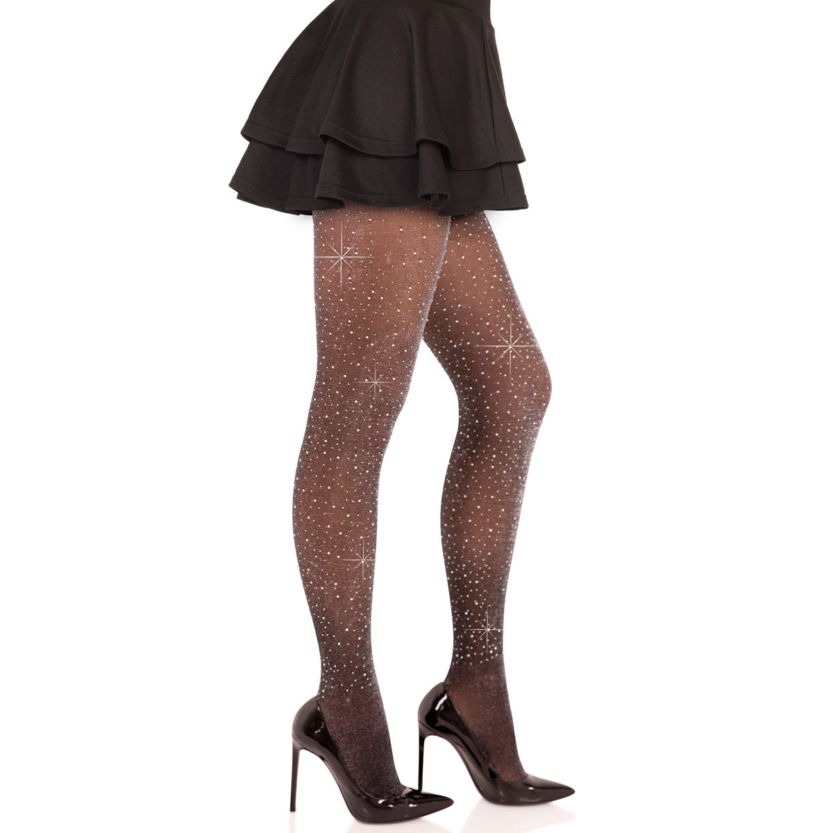 Side view of black & silver shimmer rhinestone tights - Golddiggers Boutique
