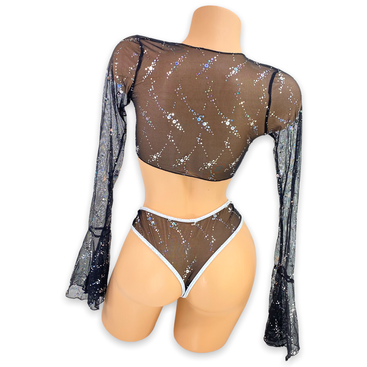 Black Skyla set back view showing the sheer sparkle mesh crop top and thong back