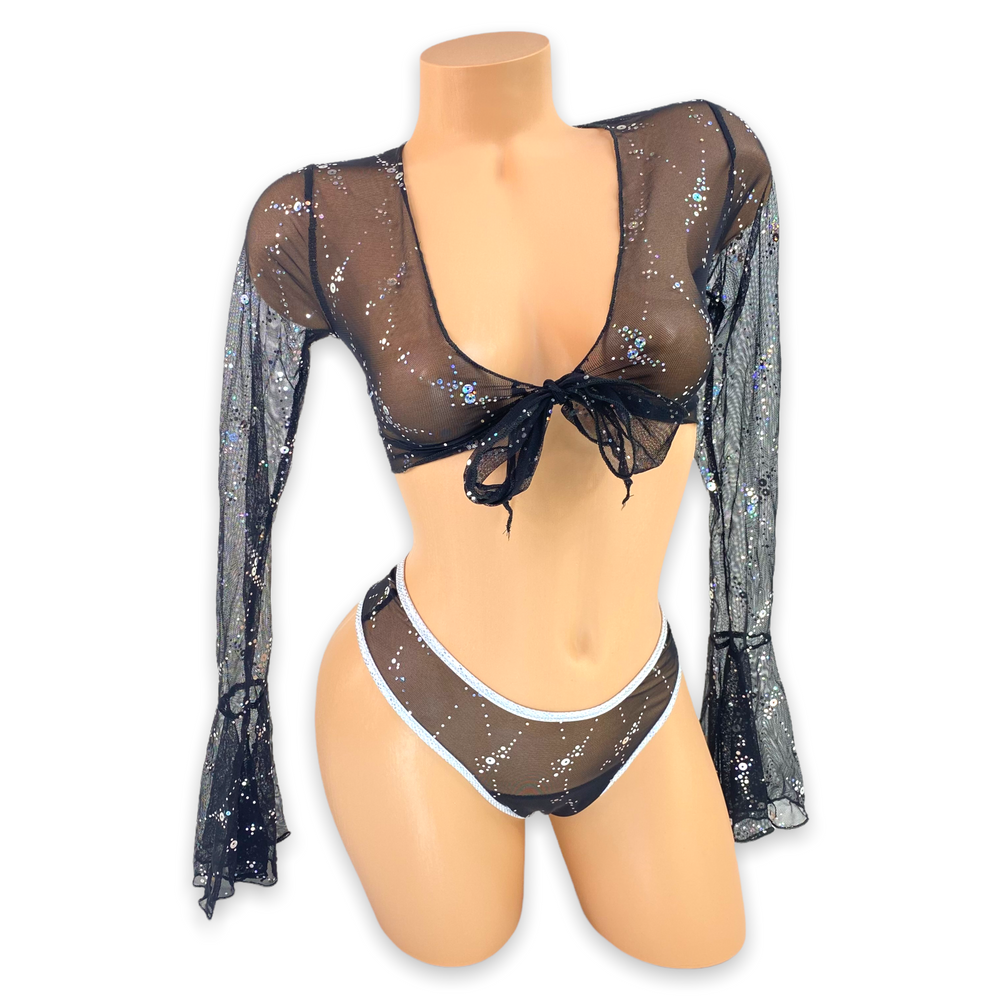 Black Skyla Sparkle Mesh Bell Sleeve Tie Top Set