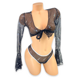 Black Skyla Sparkle Mesh Bell Sleeve Tie Top Set