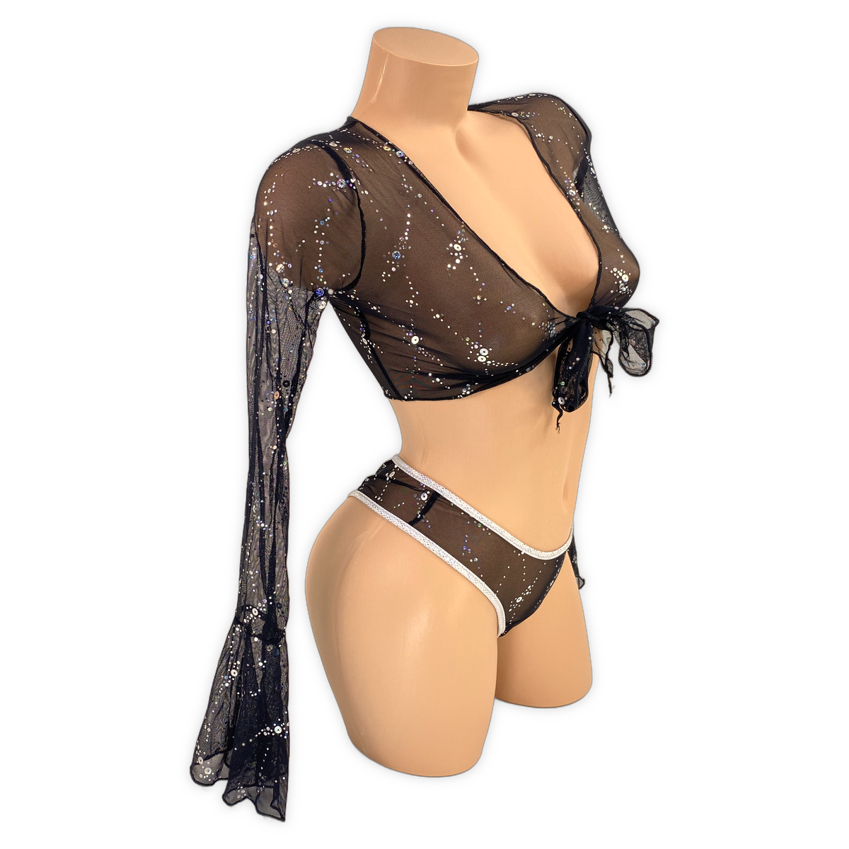 Black Skyla set side view with the front tie and long bell sleeves