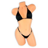 Black Sloane triangle 'kini with silver curb chain neck ties and chain-side thong, front view on mannequin