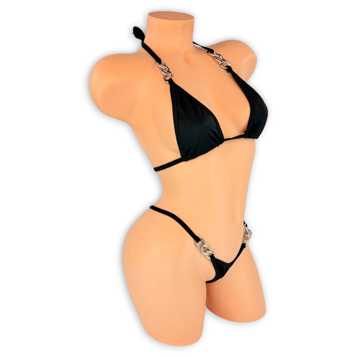 Black Sloane triangle 'kini side view with silver chain links on the straps and hips