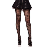Front view of black spiderweb net tights - Golddiggers Boutique