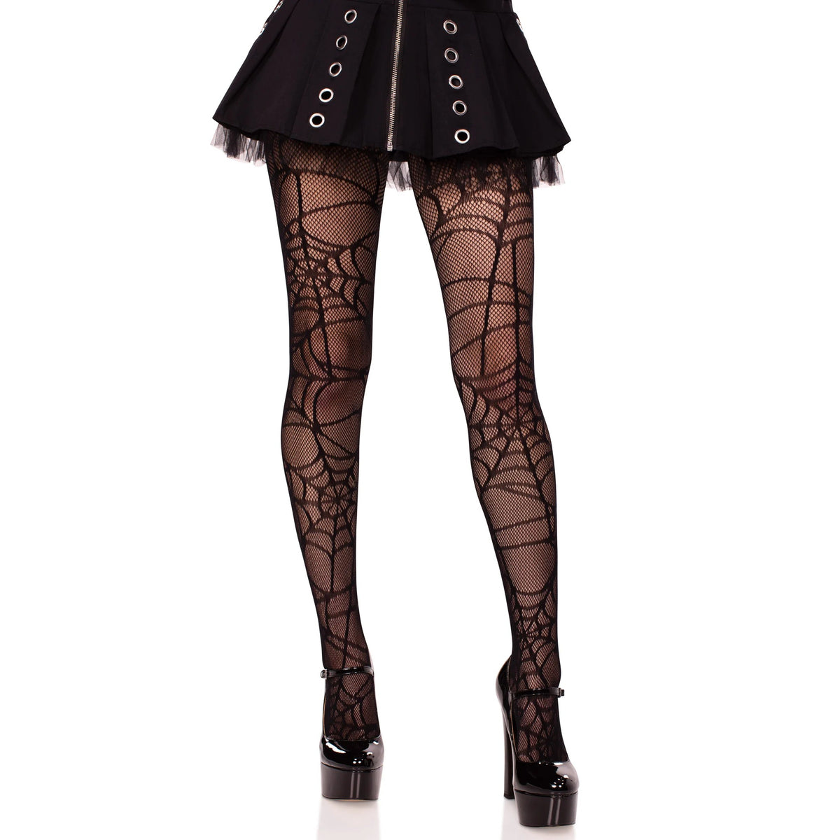 Front view of black spiderweb net tights - Golddiggers Boutique