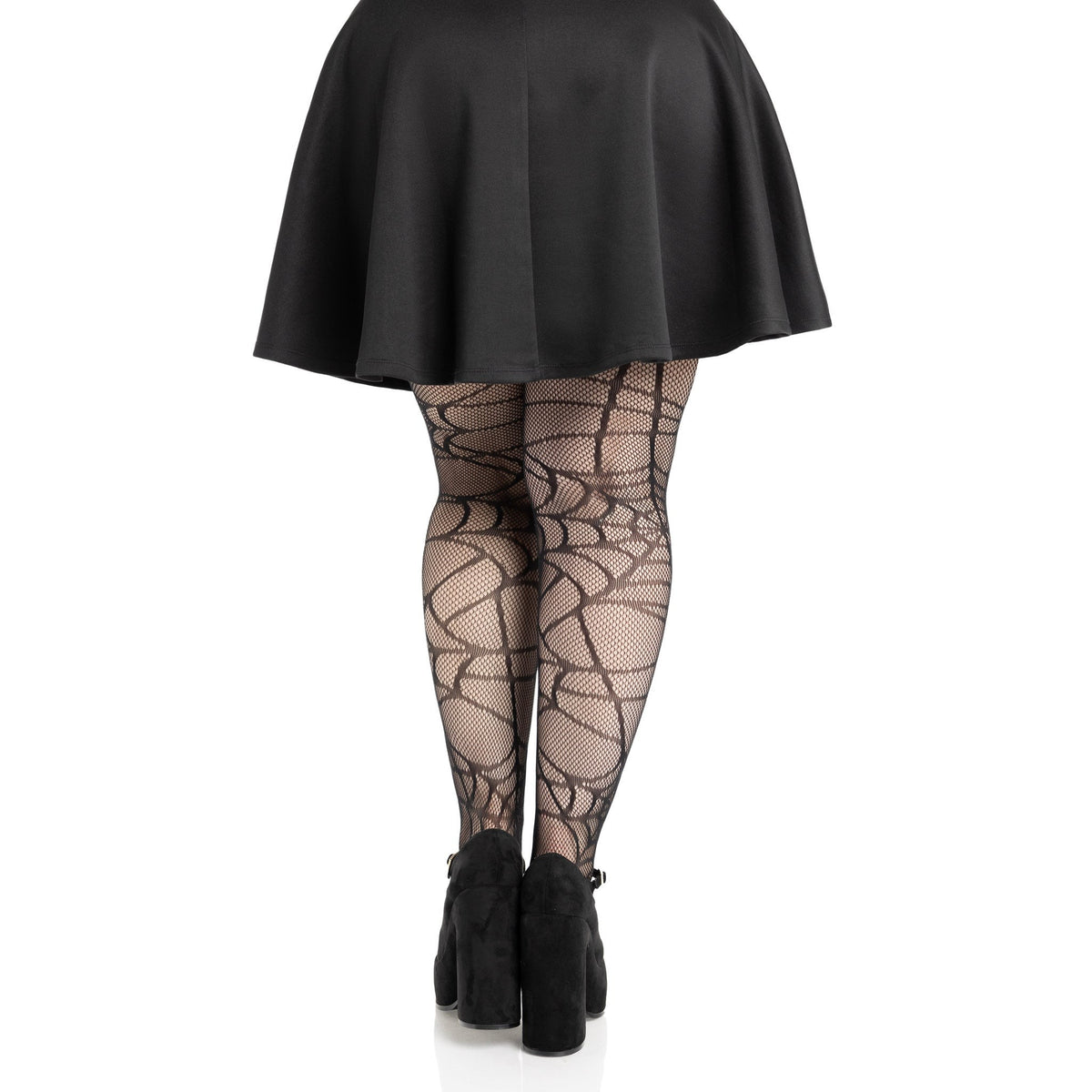 Detail view of plus size black spiderweb net tights - Golddiggers Boutique