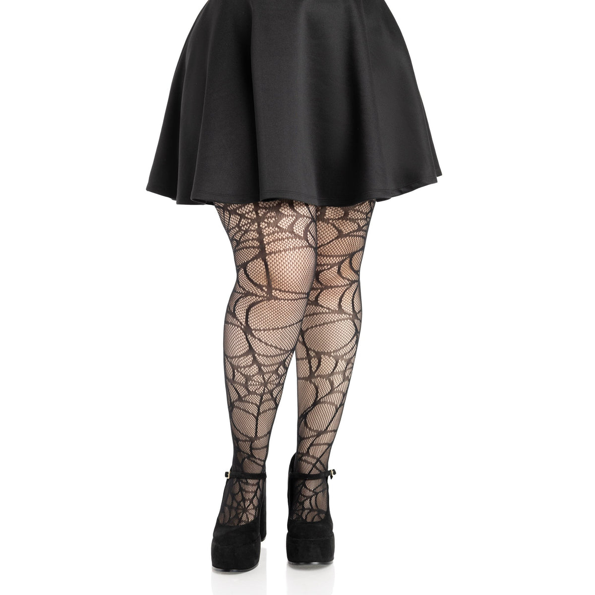 Detail view of plus size black spiderweb net tights - Golddiggers Boutique