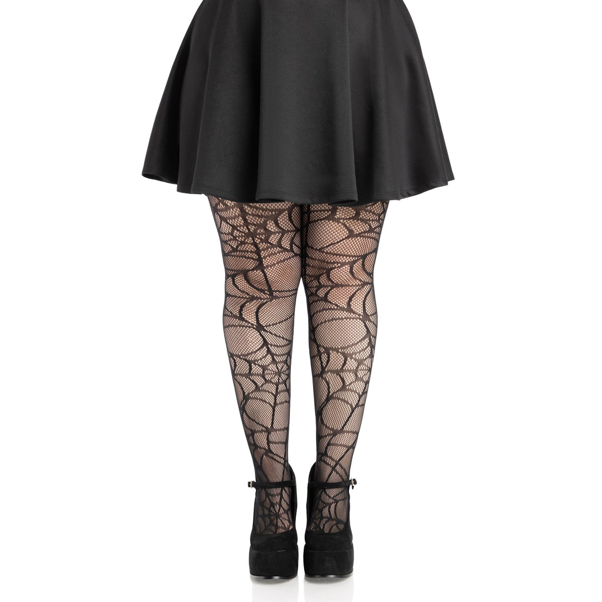 Front view of plus size black spiderweb net tights - Golddiggers Boutique