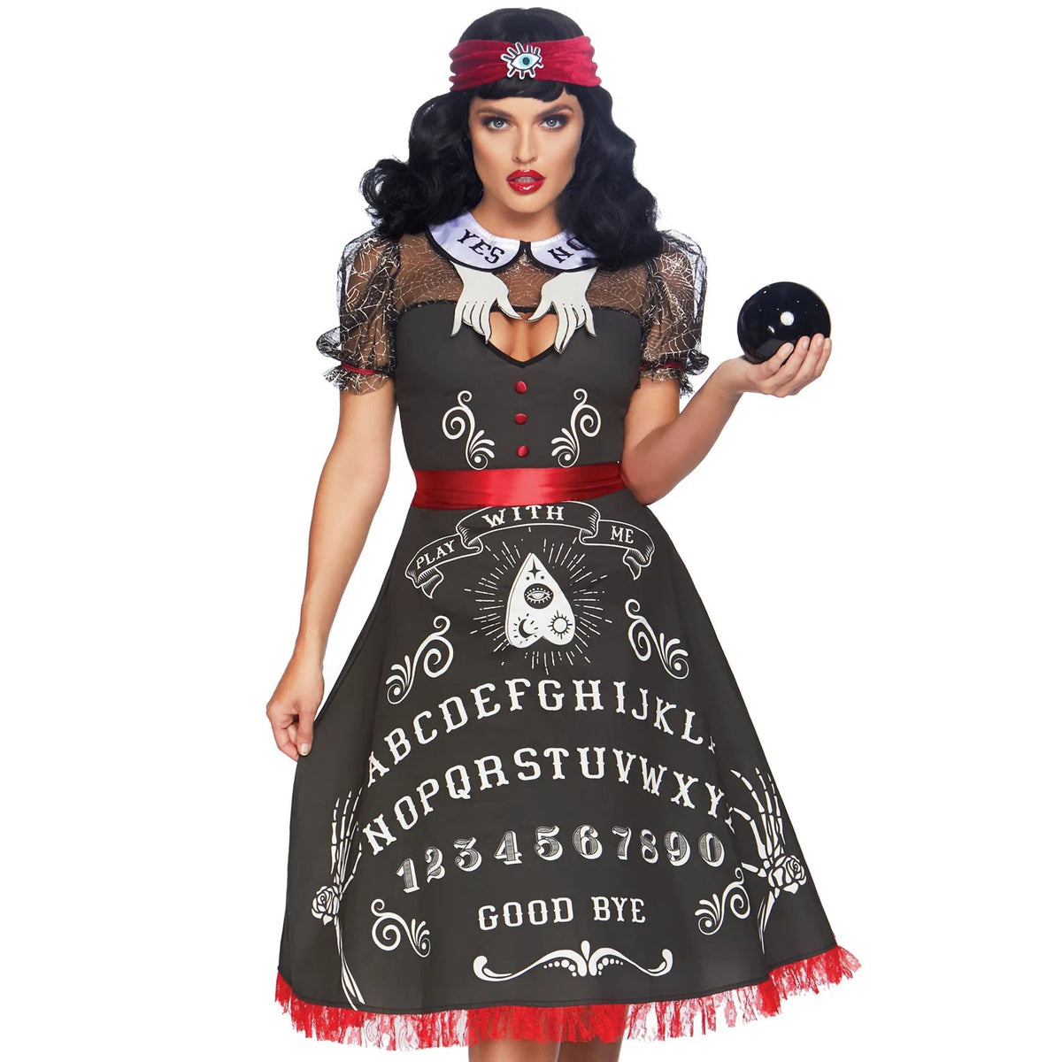 Front view of black spirit board costume swing dress - Golddiggers Boutique