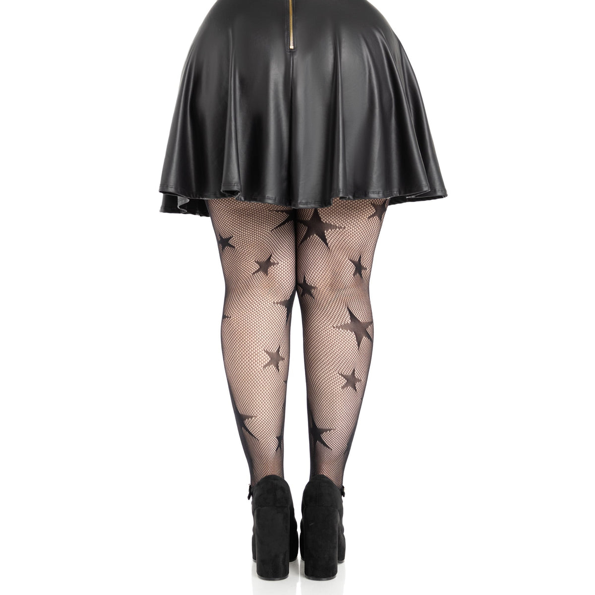 Back view of black star net tights in plus size - Golddiggers Boutique