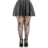 Front view of black star net tights in plus size - Golddiggers Boutique