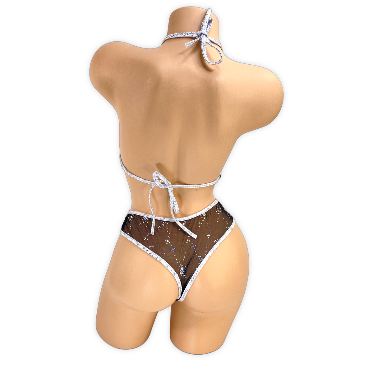 Black Starla 'kini back view showing the silver neck tie, back tie and thong back