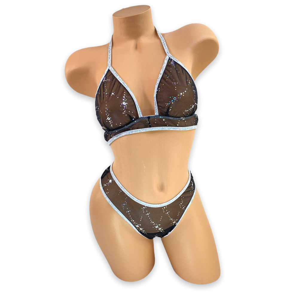 Black Starla Silver Trim Sparkle Mesh 'Kini