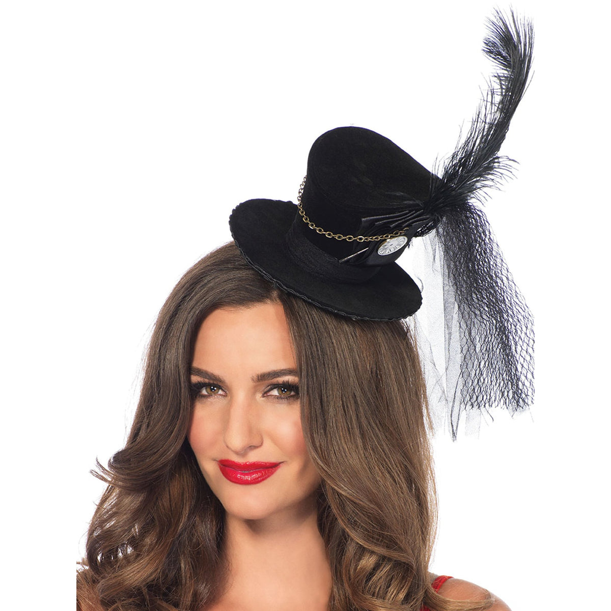 Close-up front view of black steampunk velvet mini top hat with chain and feather - Golddiggers Boutique