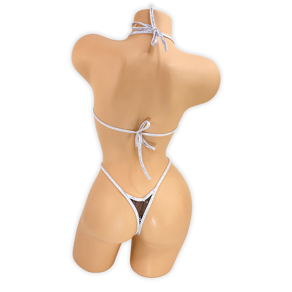 Back of the Black Stella sparkle mesh star cutout slingshot bodysuit showing the halter tie, tie back and thong