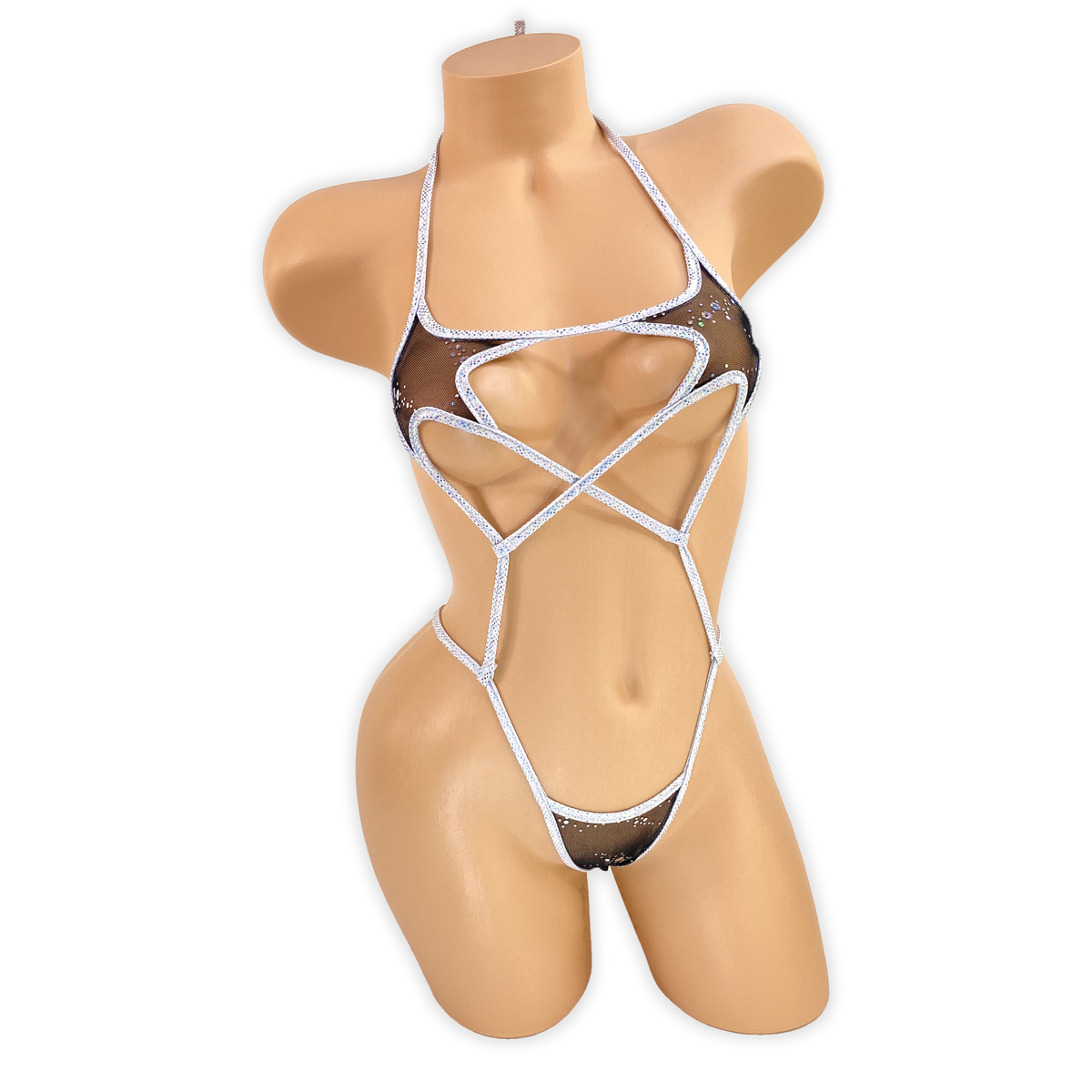 Front of the Black Stella sparkle mesh star cutout slingshot bodysuit with star-shaped cups