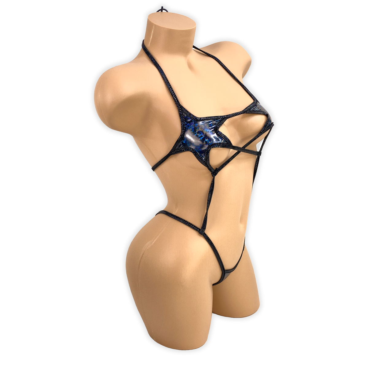 Side of the Black Stella vinyl star cutout slingshot bodysuit
