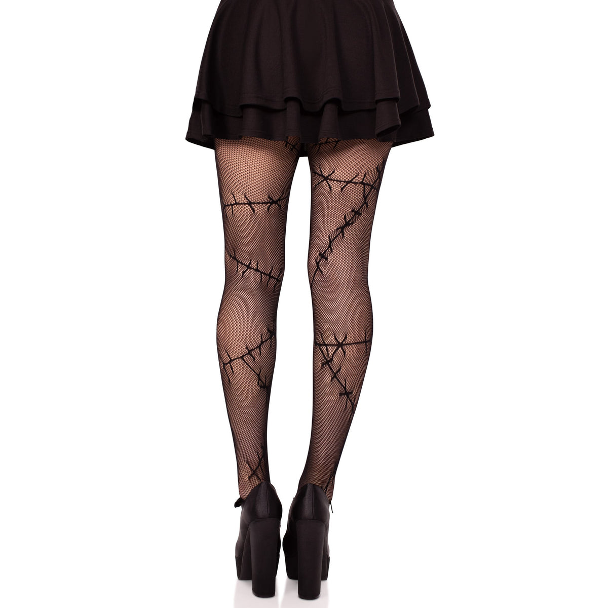 Back view of black stitched net tights - Golddiggers Boutique