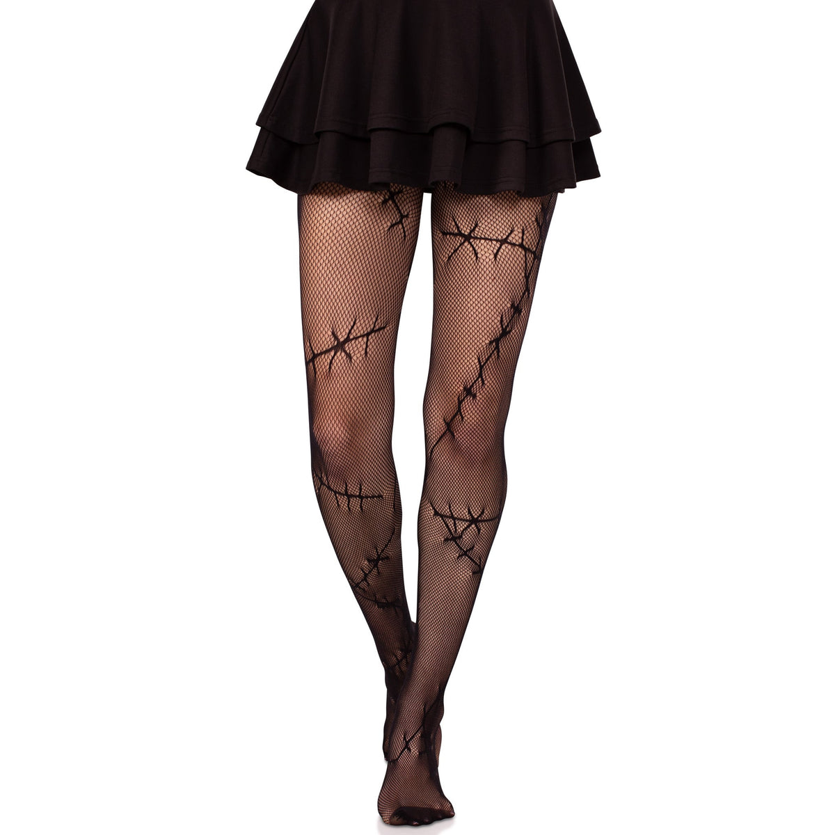 Front view of black stitched net tights - Golddiggers Boutique