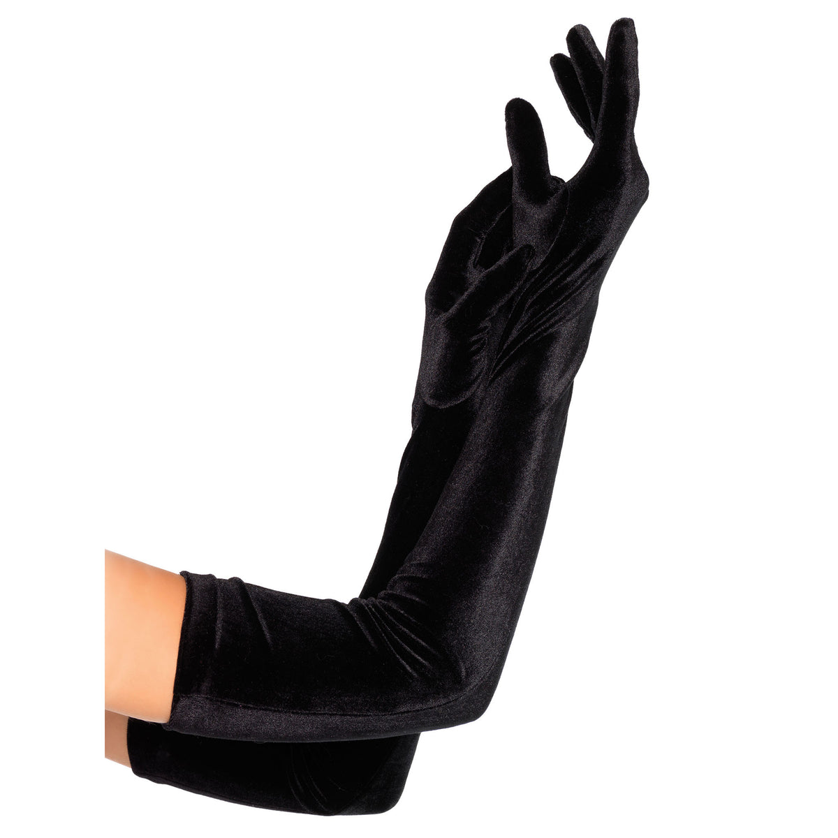 Close-up front view of black stretch velvet opera gloves - Golddiggers Boutique