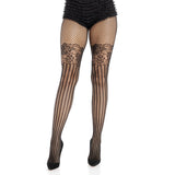 Front view of black striped net tights with illusion lace top - Golddiggers Boutique