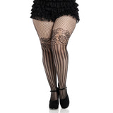 Front view of black striped net tights with illusion lace top in plus size - Golddiggers Boutique