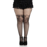 Front view of black striped net tights with illusion lace top in plus size - Golddiggers Boutique