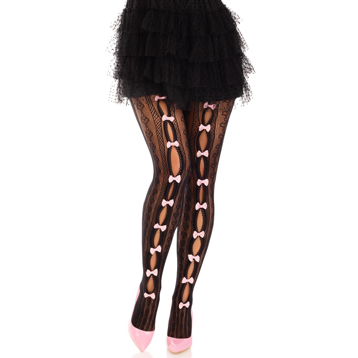 Front view of black striped net tights with keyholes and mini bows - Golddiggers Boutique