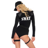 Detail view of black SWAT costume zip bodysuit - Golddiggers Boutique
