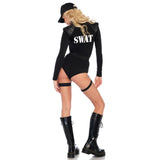 Detail view of black SWAT costume zip bodysuit - Golddiggers Boutique