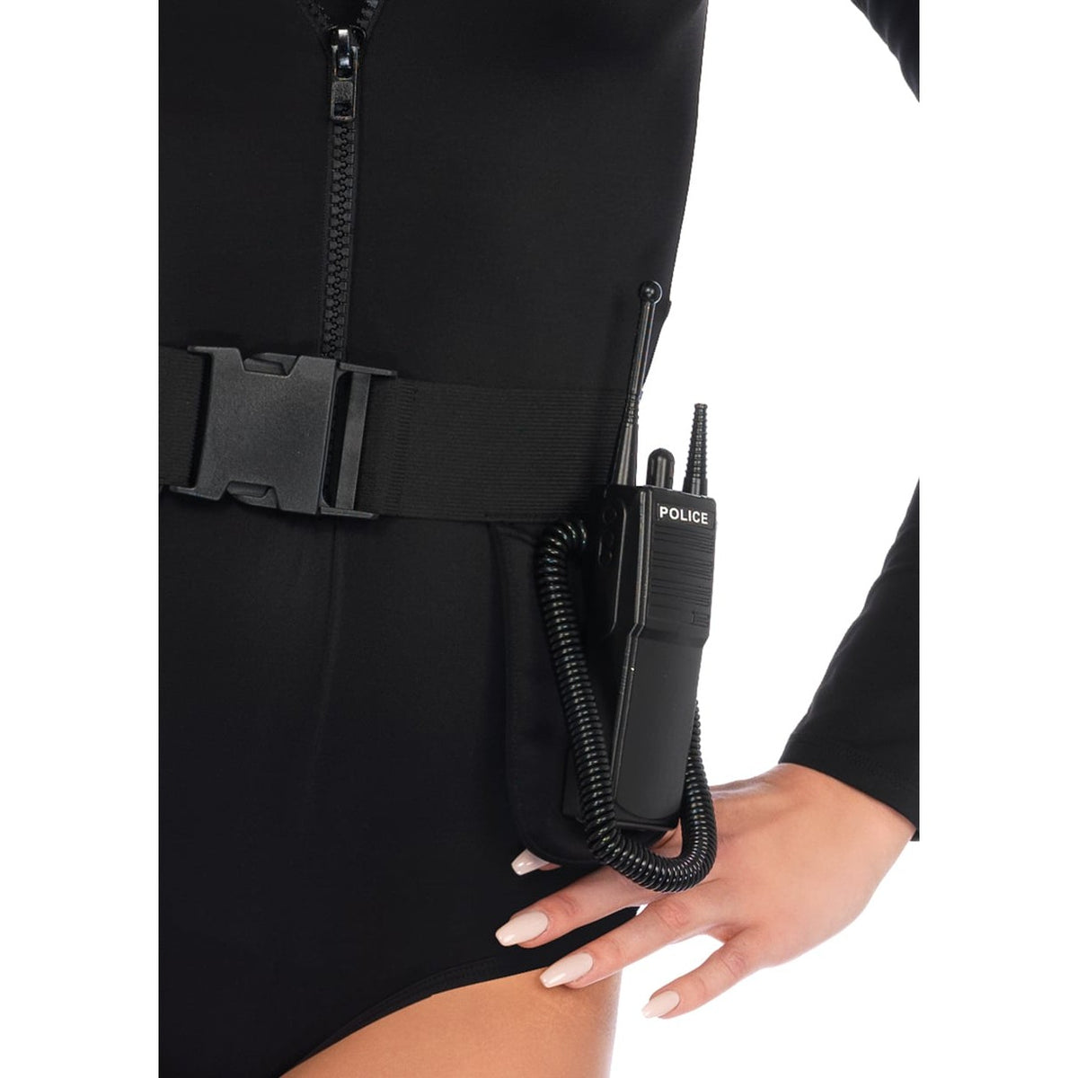 Detail view of black SWAT costume zip bodysuit - Golddiggers Boutique