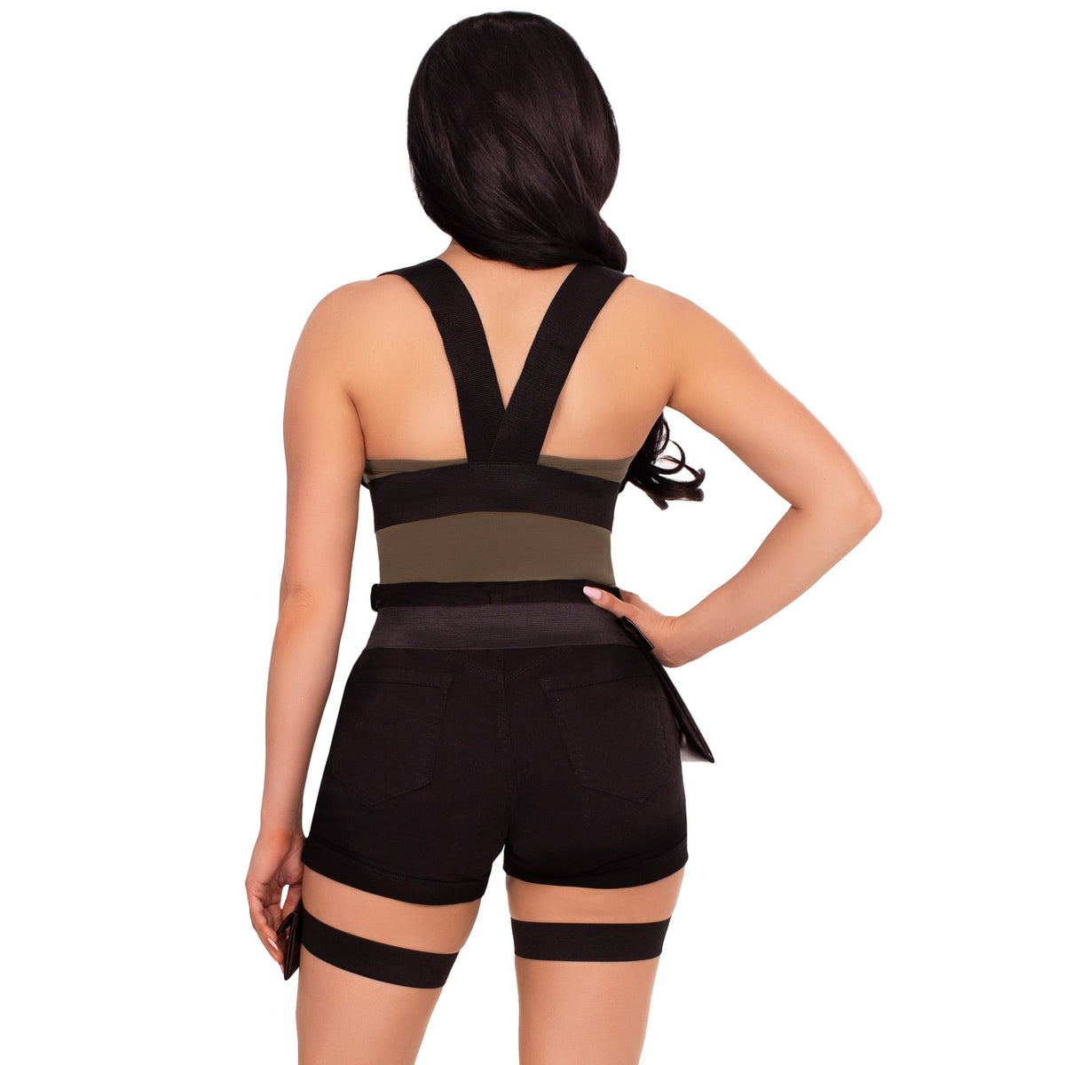 Close back view of Black Utility Body Harness with Leg Garter & Pockets - Golddiggers Boutique