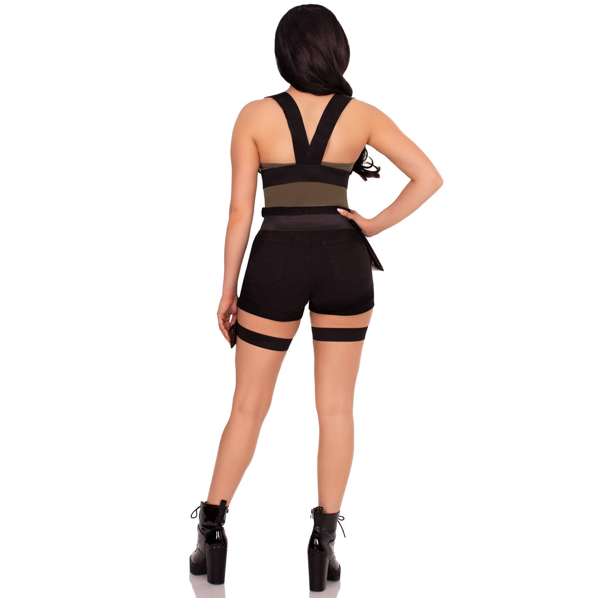 Detail view of Black Utility Body Harness with Leg Garter & Pockets - Golddiggers Boutique