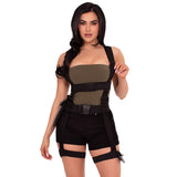 Close front view of Black Utility Body Harness with Leg Garter & Pockets - Golddiggers Boutique
