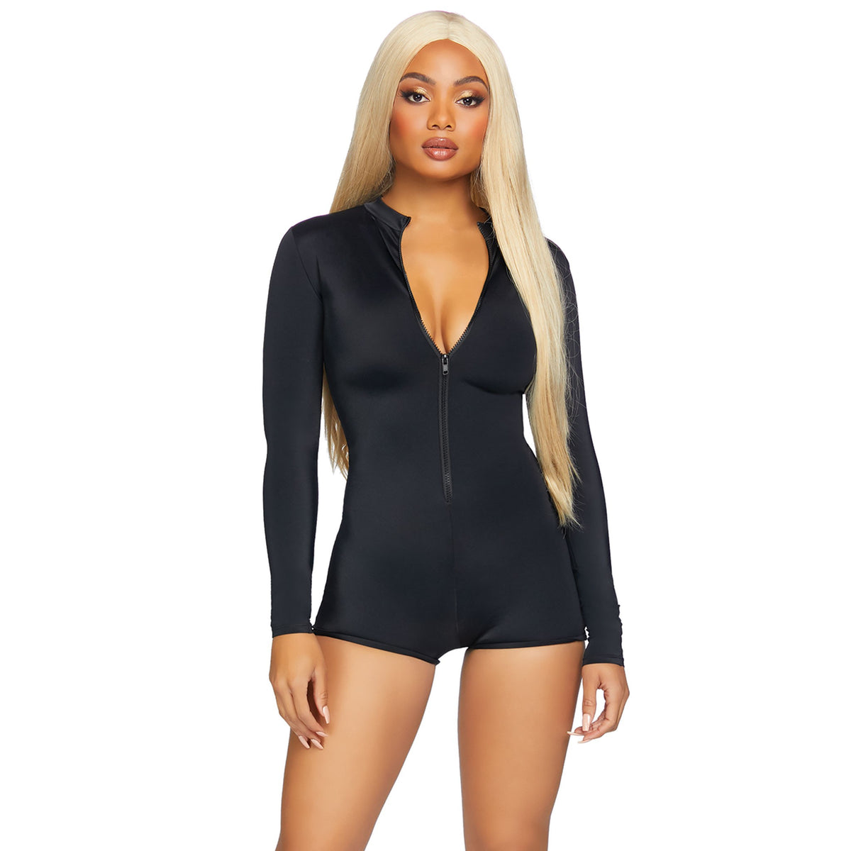Close-up front view of black Valentina zip front romper - Golddiggers Boutique