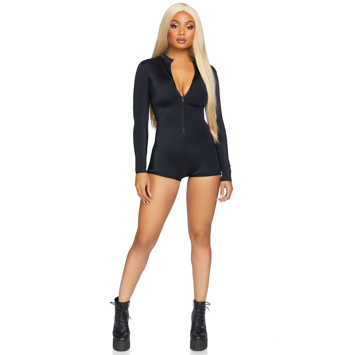 Front view of black Valentina zip front long sleeve romper - Golddiggers Boutique