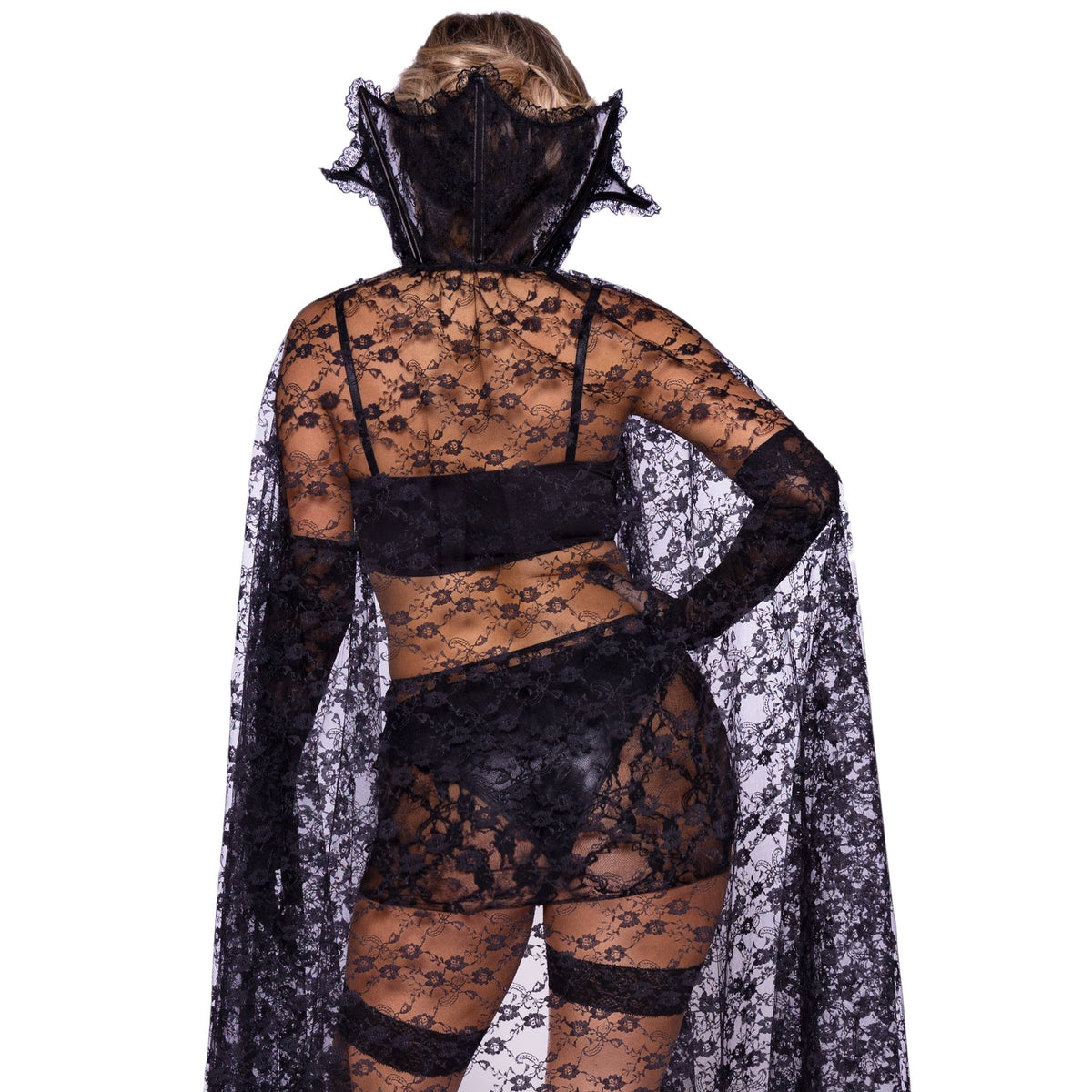 Close back view of black vampire costume with boned bra top, lace skirt, and cape - Golddiggers Boutique