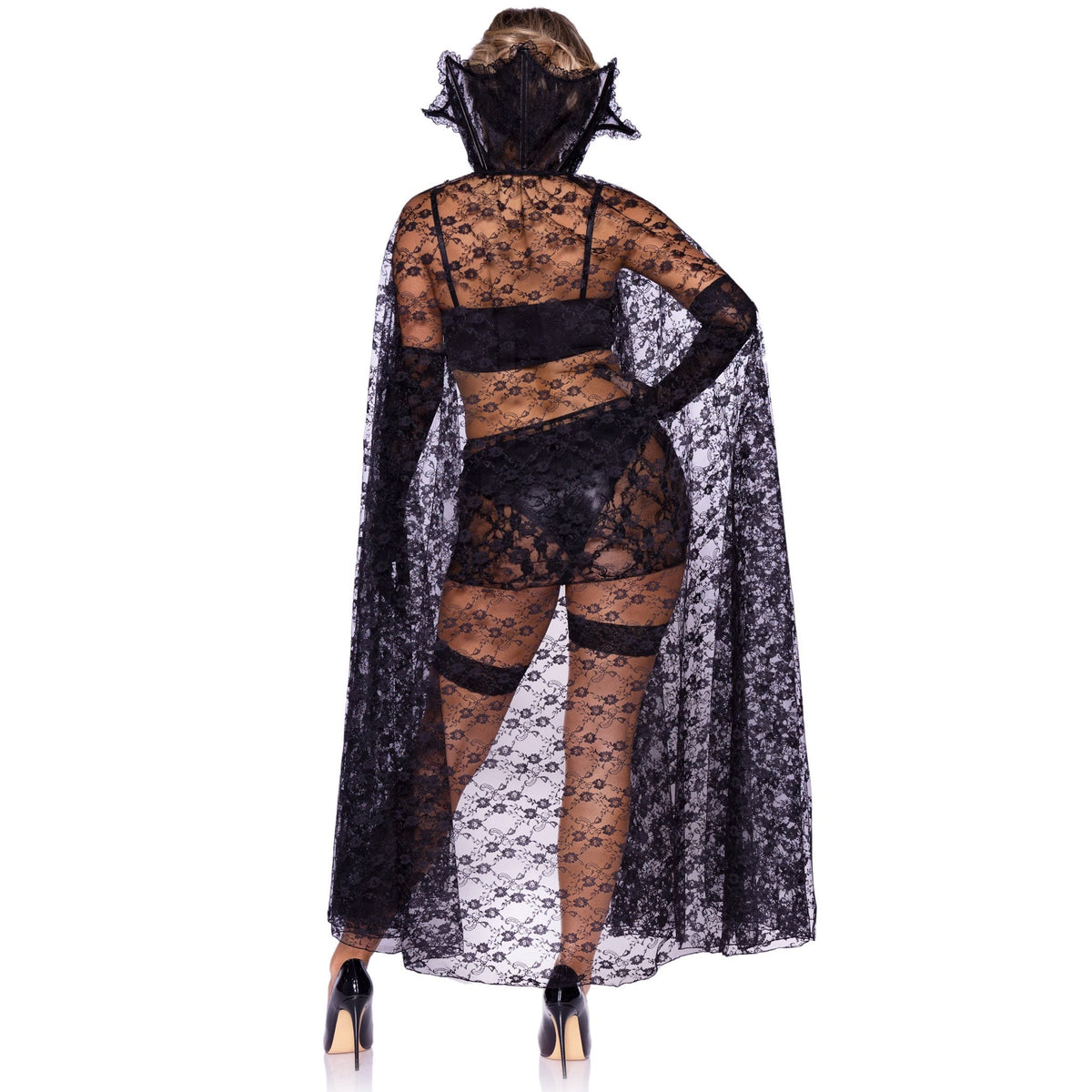 Back view of black vampire costume with boned bra top, lace skirt, and cape - Golddiggers Boutique