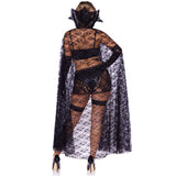 Back view of black vampire costume with boned bra top, lace skirt, and cape - Golddiggers Boutique