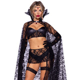 Close front view of black vampire costume with boned bra top, lace skirt, and cape - Golddiggers Boutique